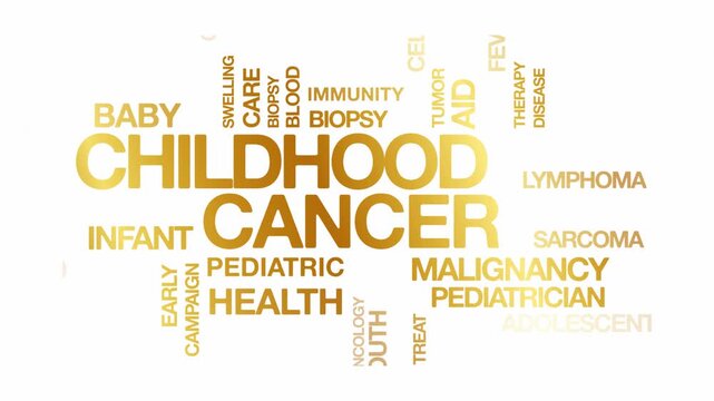 Childhood cancer concept Animated Tag Word Cloud kinetic typography, Text Design Animation typography seamless loop video motion graphics Intro Wordart arrangement september golden type on white backg
