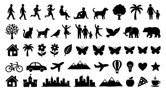 Set of black silhouette icons featuring people animals nature transportation buildings and various objects for graphic design