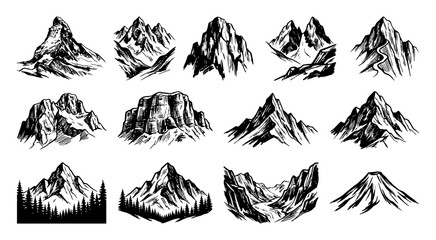 Fototapeta premium Set of hand drawn mountain sketches isolated on white background for outdoor adventure and travel design elements