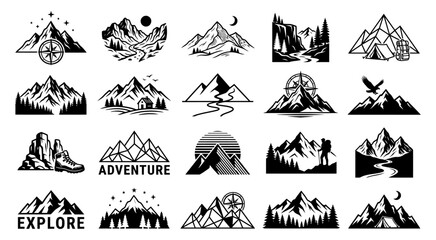 Fototapeta premium Set of black and white mountain adventure badges and outdoor exploration emblems for camping and hiking projects