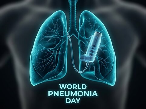 Medical illustration of human lungs with inhaler for world pneumonia day awareness campaign