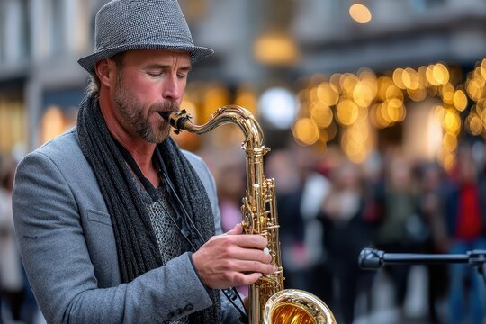 Saxophonist performs on a lively street during an evening event with festive lights