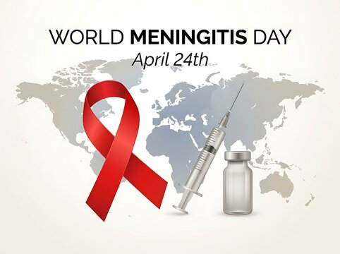 World meningitis day awareness illustration with vaccine syringe vial and red ribbon on global map