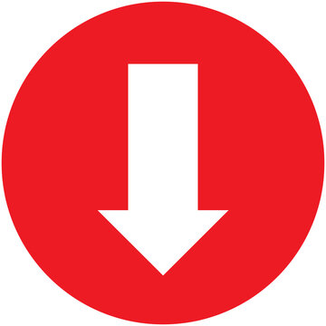 Red circle with white down arrow, directional sign and navigation icon
