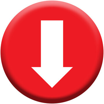 Red circular button with white arrow pointing down icon, vector direction and download symbol graphic element isolated on white background
