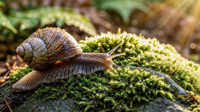 Close-up of a slow-moving snail with a spiraled shell covered in water droplets on a bed of green moss
