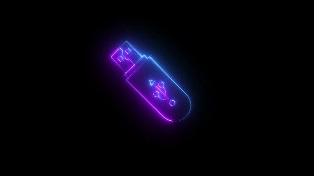 Abstract neon USB drive icon isolated on black background. USB Drive icon animation. Security, safety, protection concept. Connect external device USB sign 4k animation video.