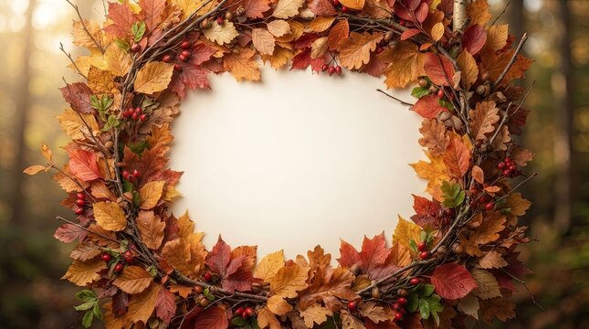 A beautiful autumn wreath of colorful leaves creates a warm thanksgiving and fall season background