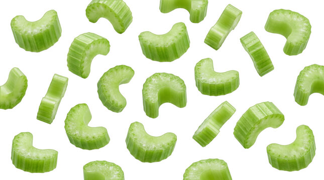 Celery slices isolated on white background. Sliced celery stalk pieces for healthy food design - studio shot