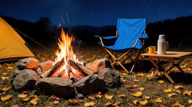 Cozy campfire burns bright in stone circle at night campsite. Blue camping chair sits near wooden table with mug, thermos. Yellow tent stays nearby on grass with autumn leaves under starry sky.
