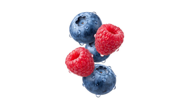 Fresh blueberries and raspberries isolated on white background. Flying mixed berries with water droplets - 3d rendering.