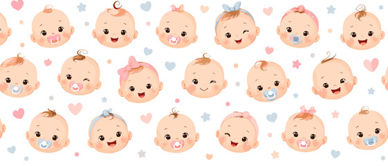 Obraz premium Cute baby faces pattern with pacifiers and bows, perfect for nursery decor