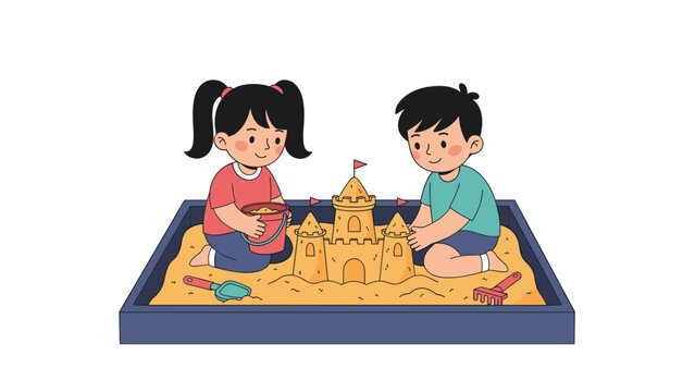 Little boy and girl playing together in a blue sandbox while building a grand sandcastle with bucket and spade.