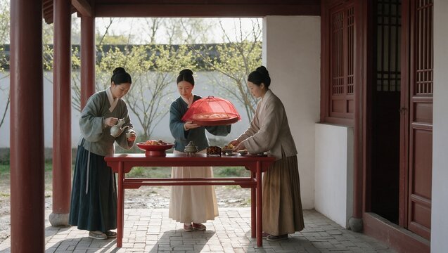 Ming Dynasty Household Preparing a Banquet