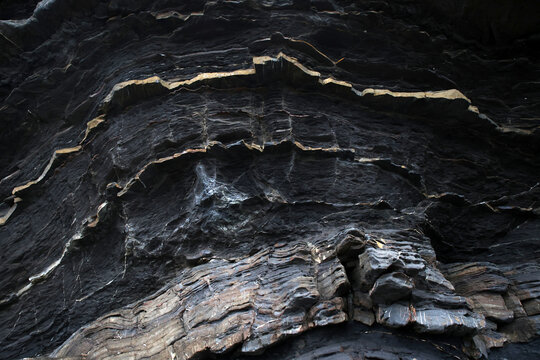 Black Flysch with Thin-Bedded Turbidite Sandstone Layers Near Deba, Spain. Image approx. 2m across