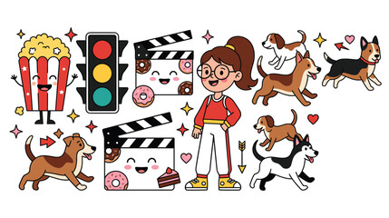 Fototapeta premium Cute cartoon dogs and movie elements for kids party or animation.