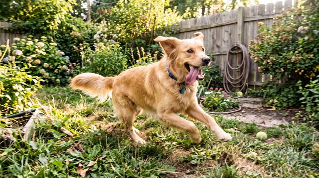 Happy Golden Retriever Dog Running in Backyard