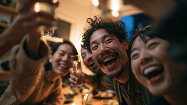 Happy Friends Laughing and Toasting Drinks at Party
