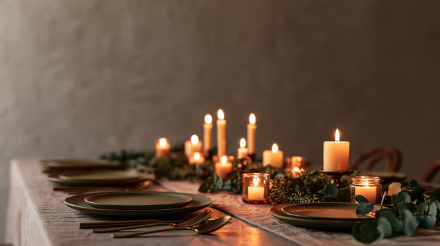 Elegant Candlelit Table Setting with Plates and Greenery