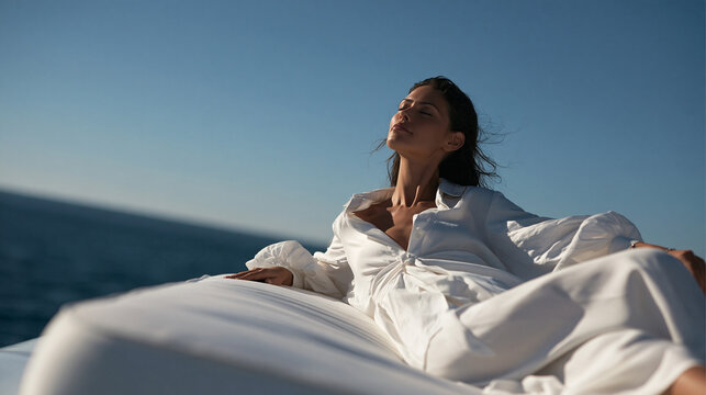 Woman Relaxing on Luxury Yacht Deck at Sea