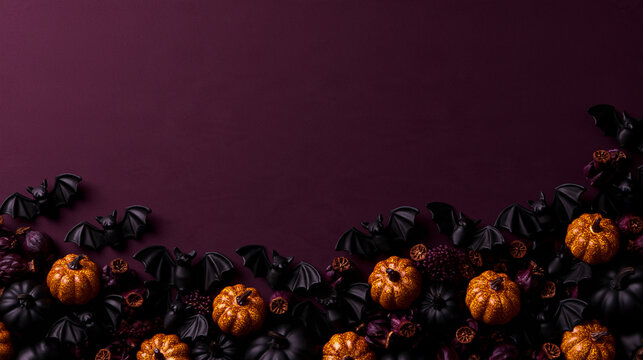 Halloween Background with Bats and Pumpkins on Dark Purple