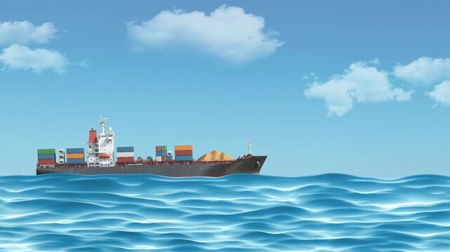 Cargo ship sailing across ocean waves under blue sky with clouds during maritime transport journey
