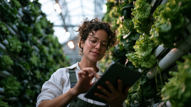 Female Farmer Using Digital Tablet in Hydroponic Greenhouse
