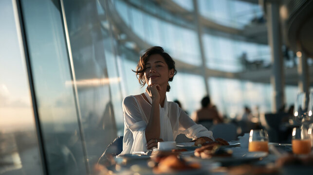 Elegant Woman Dining in Luxury Rooftop Restaurant