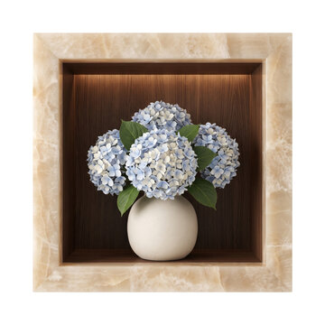 Blue hydrangea flowers in a small round white vase inside a decorative stone wall niche isolated on transparent background