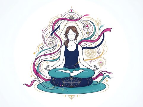 Woman meditating in lotus pose with abstract spiritual geometry illustration