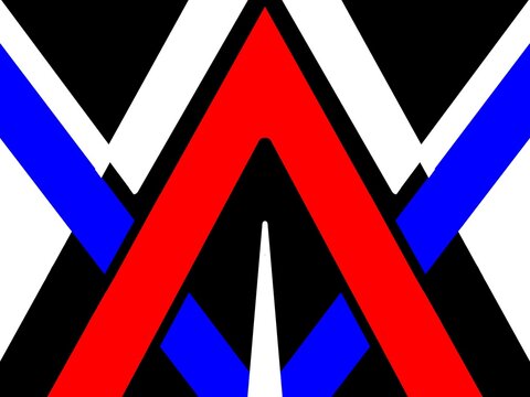 Bold abstract geometric composition featuring layered chevron and V-shaped stripes in primary red, blue, black, and white