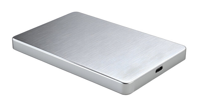 A sleek silver metallic external hard drive