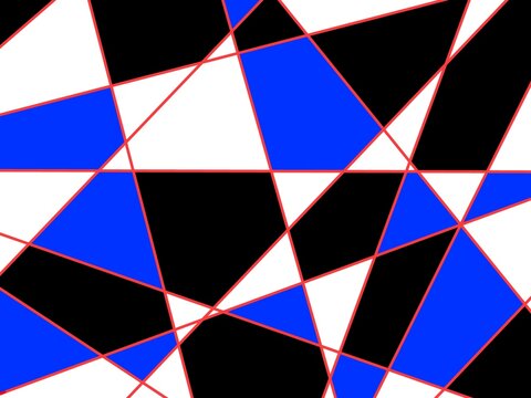 Abstract geometric mosaic pattern featuring fragmented triangles in black, white, and blue separated by thin red grid lines