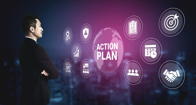 A businessman stands confidently, assessing an action plan overlaid with global elements and various icons, symbolizing strategy and collaboration in a modern office setting. Ledger