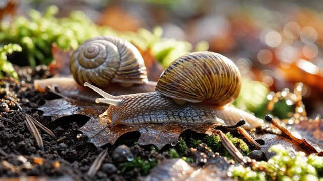 Close up view of two brown garden snails crawling slowly on wet brown autumn leaves in the forest