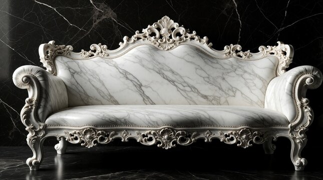 Antique ornate marble sofa with intricate carvings sits against a dark marble wall. Luxury furniture piece offers timeless elegance for sophisticated interiors, grand homes or exclusive lounges.