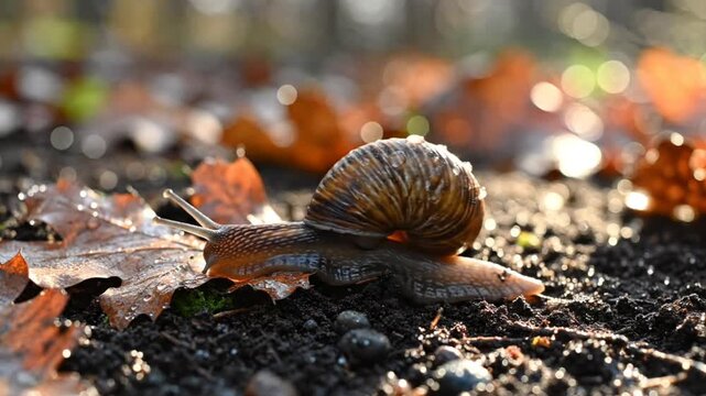 Close up view of a brown snail with a spiral shell moving slowly across the forest floor in autumn