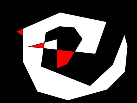 Abstract geometric logo design featuring a stylized bird head formed by interlocking black, white, and red polygonal shapes
