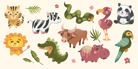 Obraz premium Large set of cartoon-style exotic tropical animal