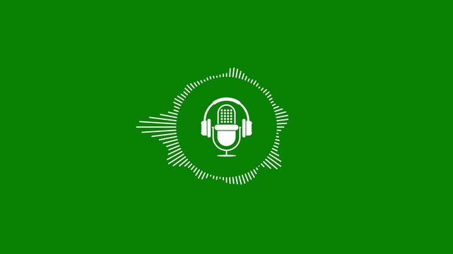 White microphone headphone icon centered in circular audio spectrum equalizer animation loop on green background