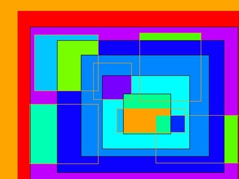Abstract geometric composition featuring overlapping colorful rectangles and squares with bold outlines in a vibrant retro style