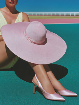 The scene shows pink satin high heels and oversized sun hat. It is ideal for fashion editorials, beauty campaigns, and social media.