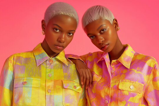 The scene shows two short haired models in colorful shirts. It is ideal for fashion editorials, beauty campaigns, and social media.