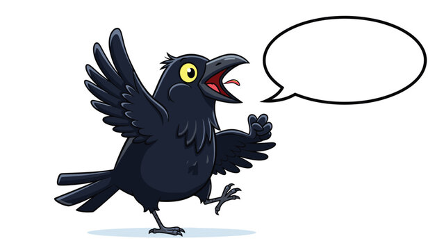 Expressive black crow character standing and gesturing with an empty speech bubble for text, isolated on white background.