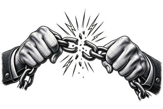Two hands breaking chains with explosive energy visualized around them.