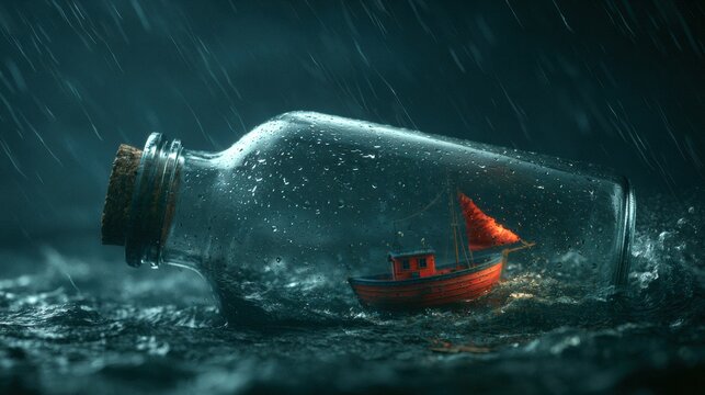 A small boat floats inside a bottle while a fierce storm develops outside with rain hitting the glass and waves crashing around it