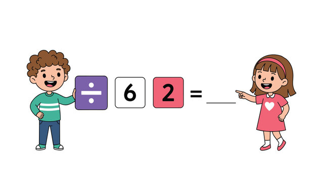Cute cartoon boy and girl learning basic division math equation with colorful number blocks on a white background.