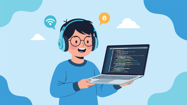 Clever cartoon boy coder wearing headphones while holding a laptop with programming code on a blue background.
