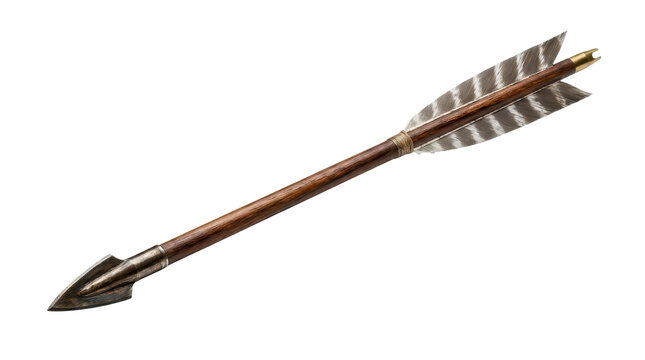 A detailed wooden arrow with natural feathers and a metal arrowhead isolated on a transparent background for digital design and game assets