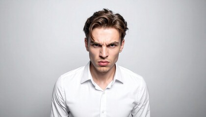 Fototapeta premium Frustrated Man in White Shirt with Angry Expression Looking at Camera